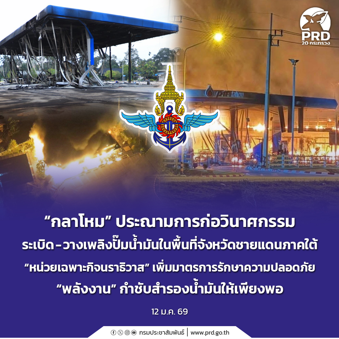 &ldquo;กลาโหม&rdquo; ประณามการก่อวินาศกรรม ระเบิด-วางเพลิงปั๊มน้ำมันในพื้นที่จังหวัดชายแดนภาคใต้ &ldquo;หน่วยเฉพาะกิจนราธิวาส&rdquo; เพิ่มมาตรการรักษาความปลอดภัย &ldquo;พลังงาน&rdquo; กำชับสำรองน้ำมันให้เพียงพอ