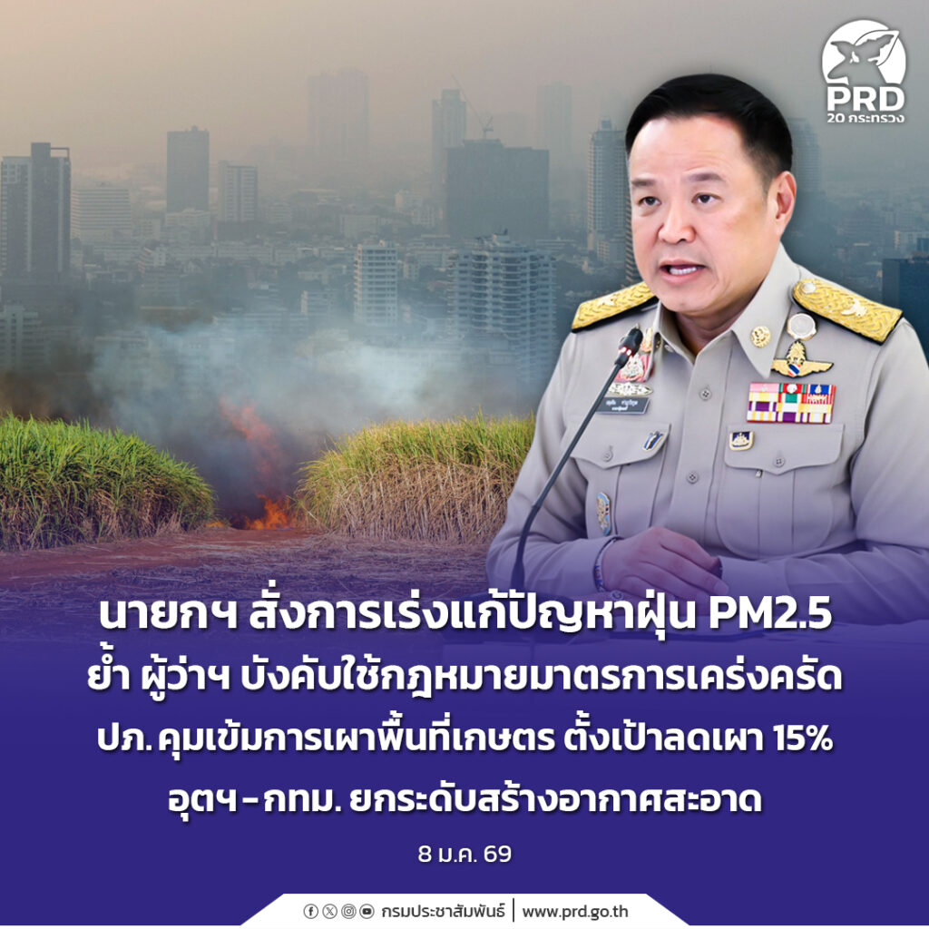 นายกฯ สั่งการเร่งแก้ปัญหาฝุ่น PM2.5 ย้ำ ผู้ว่าฯ บังคับใช้กฎหมายมาตรการเคร่งครัด ปภ. คุมเข้มการเผาพื้นที่เกษตร ตั้งเป้าลดเผา 15% อุตฯ &ndash; กทม. ยกระดับสร้างอากาศสะอาด