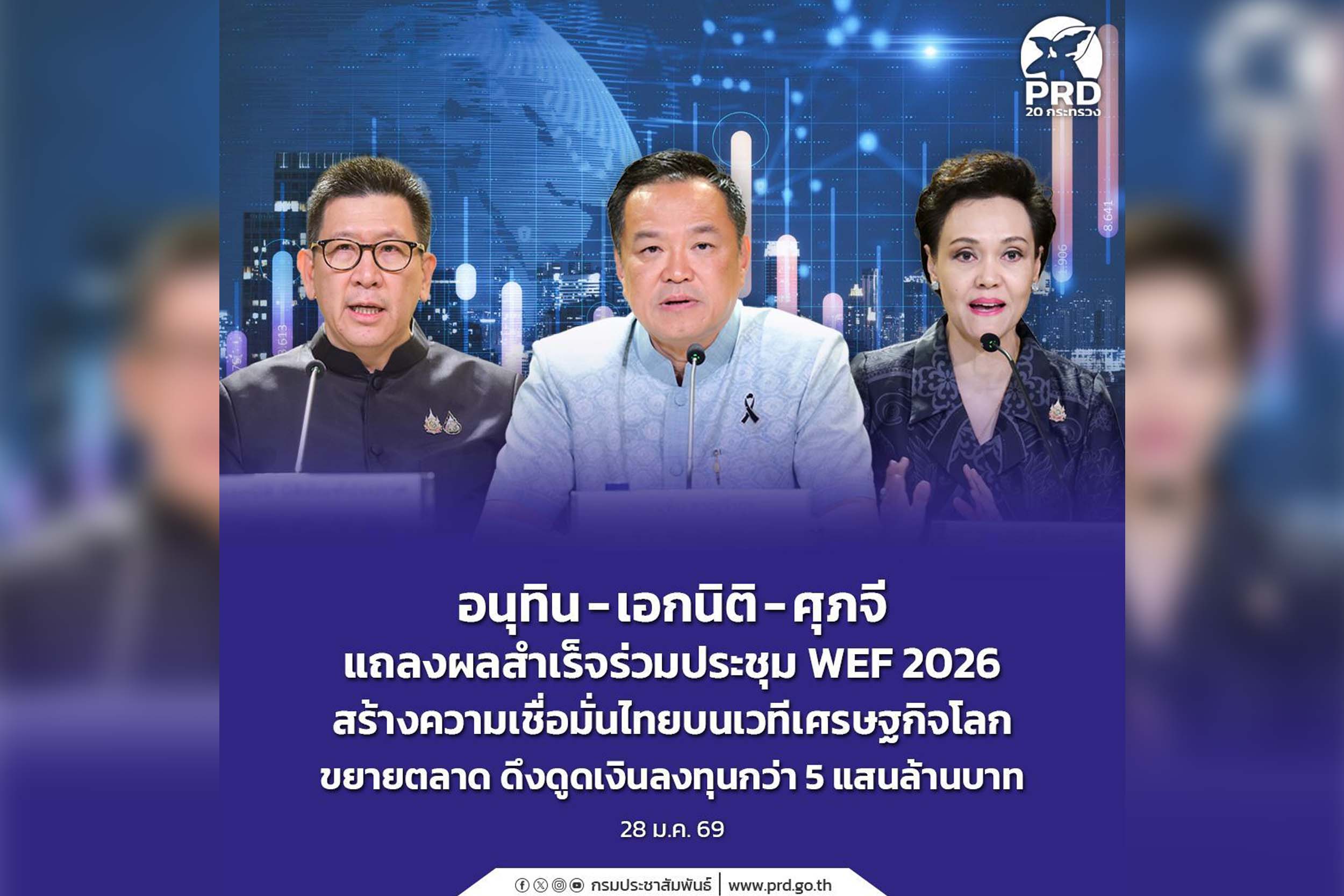 อนุทิน - เอกนิติ &ndash; ศุภจี แถลงผลสำเร็จร่วมประชุม WEF 2026 สร้างความเชื่อมั่นไทยบนเวทีเศรษฐกิจโลก ขยายตลาด ดึงดูดเงินลงทุนกว่า 5 แสนล้าน