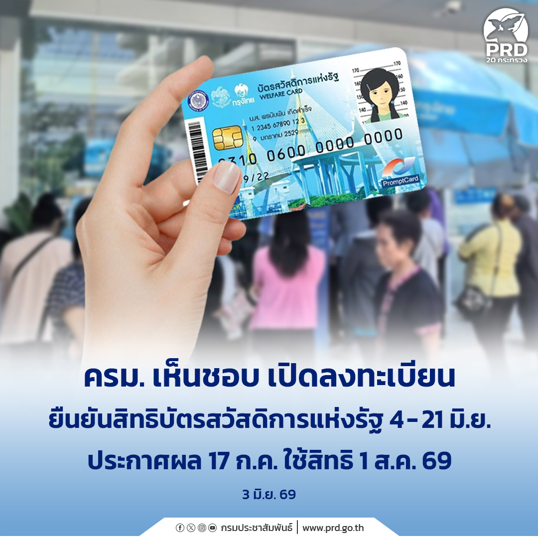 ครม. เห็นชอบ เปิดลงทะเบียนยืนยันสิทธิบัตรสวัสดิการแห่งรัฐ 4 - 21 มิ.ย. ประกาศผล 17 ก.ค. ใช้สิทธิ 1 ส.ค. 69